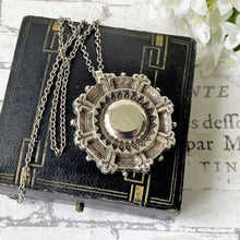 Load image into Gallery viewer, Antique Victorian c1884 Silver Target Style Locket Pendant &amp; Chain. Sterling Silver Rondelle Wheel Pendant With Photo Compartment.
