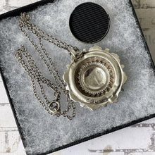 Load image into Gallery viewer, Antique Victorian c1884 Silver Target Style Locket Pendant &amp; Chain. Sterling Silver Rondelle Wheel Pendant With Photo Compartment.
