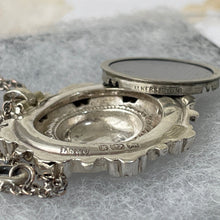 Cargar imagen en el visor de la galería, Antique Victorian c1884 Silver Target Style Locket Pendant &amp; Chain. Sterling Silver Rondelle Wheel Pendant With Photo Compartment.

