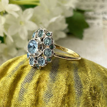 Load image into Gallery viewer, Antique Victorian 9ct Gold &amp; Silver Aquamarine Paste Ring. Georgian Pale Blue Paste Flower Ring. Daisy Cluster Antique Paste Gemstone Ring
