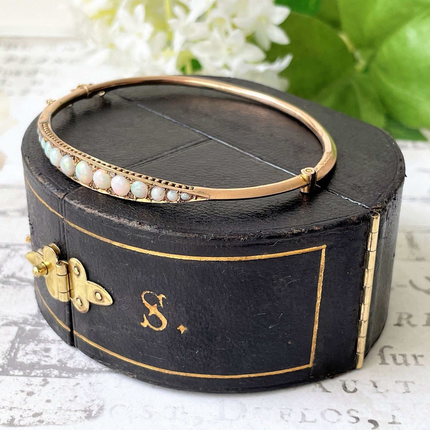 Edwardian Opal & Diamond 9ct Gold Bangle In Monogrammed Fitted Case: Chester 1905