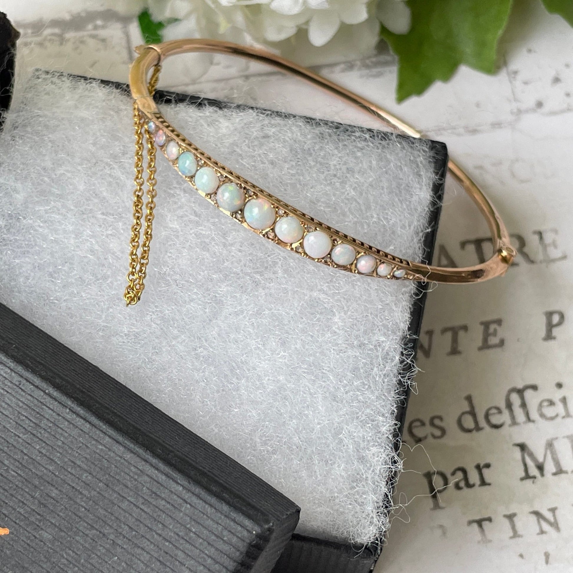 Edwardian Opal & Diamond 9ct Gold Bangle In Monogrammed Fitted Case: Chester 1905