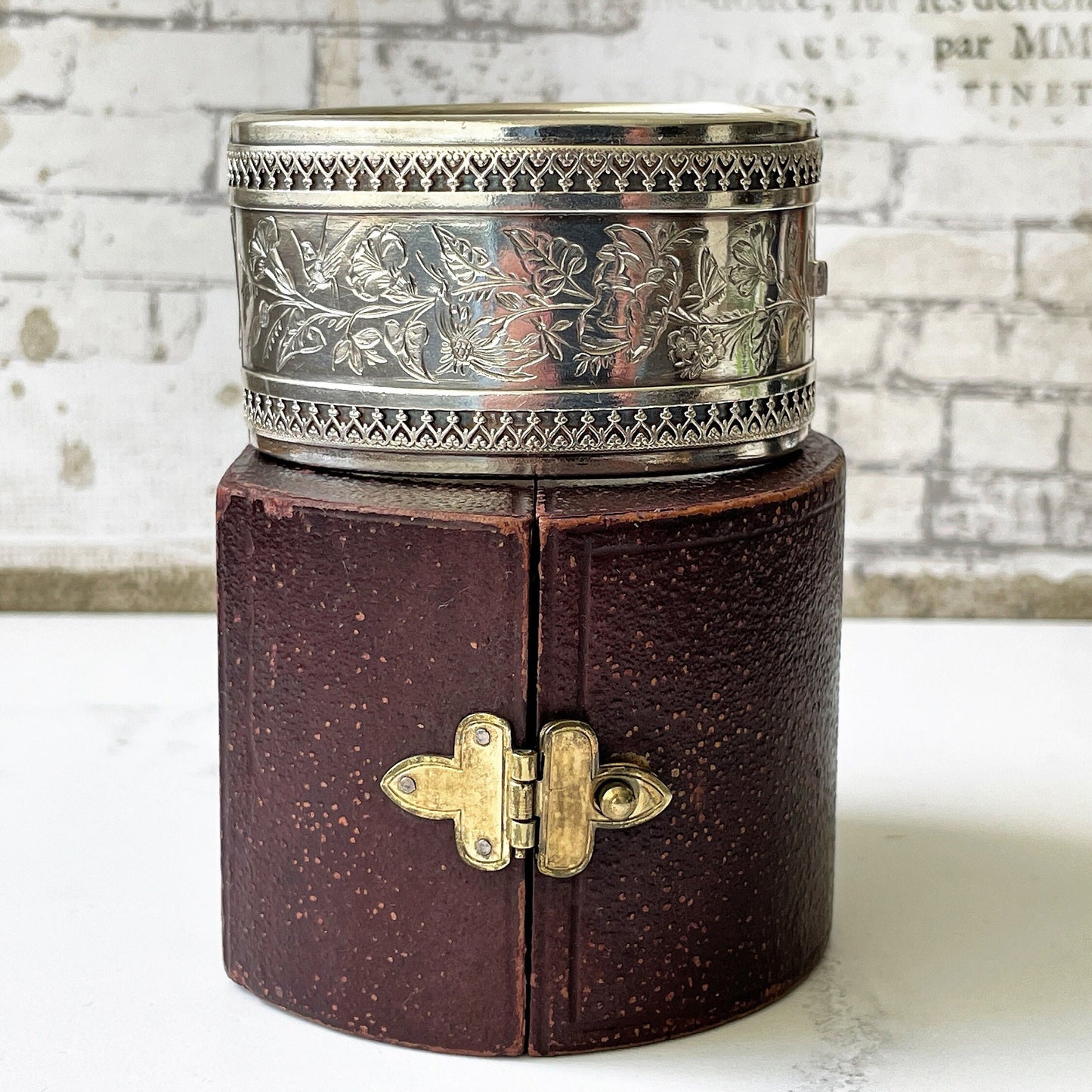 Victorian Aesthetic 1881 Sterling Silver Bangle In Antique Fitted Box. Antique Swallow Floral Engraved Wide Cuff Silver Bangle Bracelet