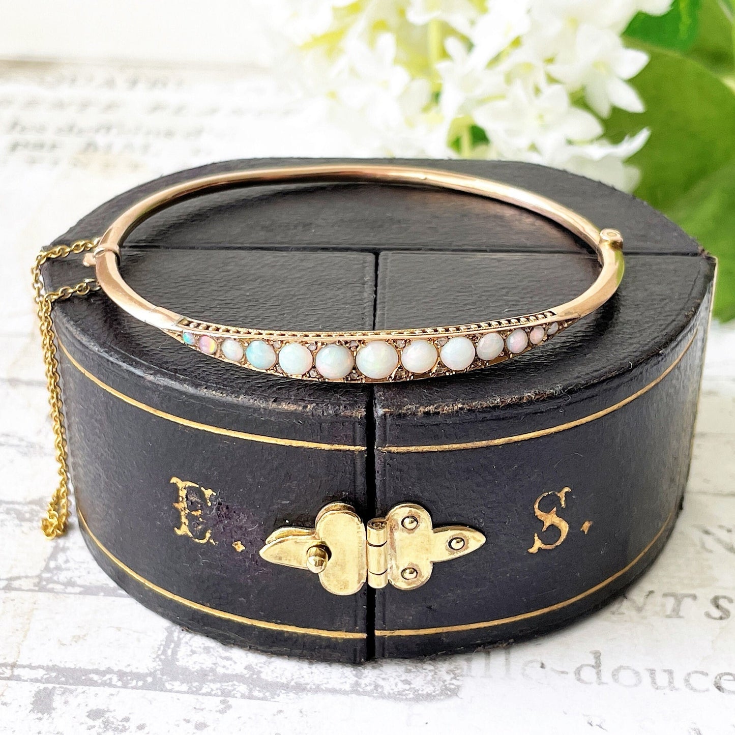 Edwardian Opal & Diamond 9ct Gold Bangle In Monogrammed Fitted Case: Chester 1905