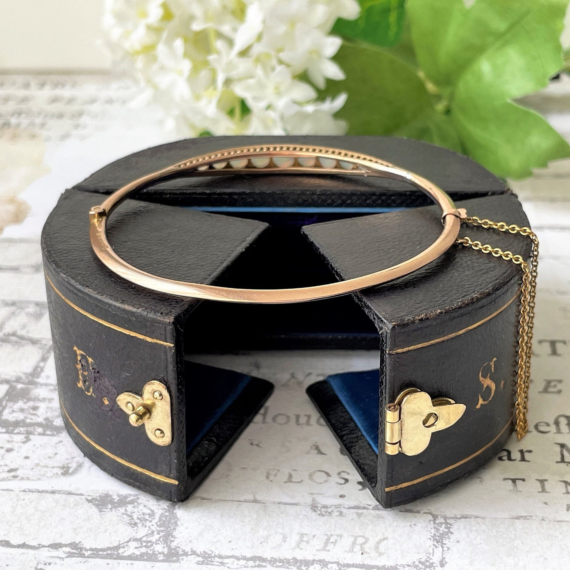 Edwardian Opal & Diamond 9ct Gold Bangle In Monogrammed Fitted Case: Chester 1905