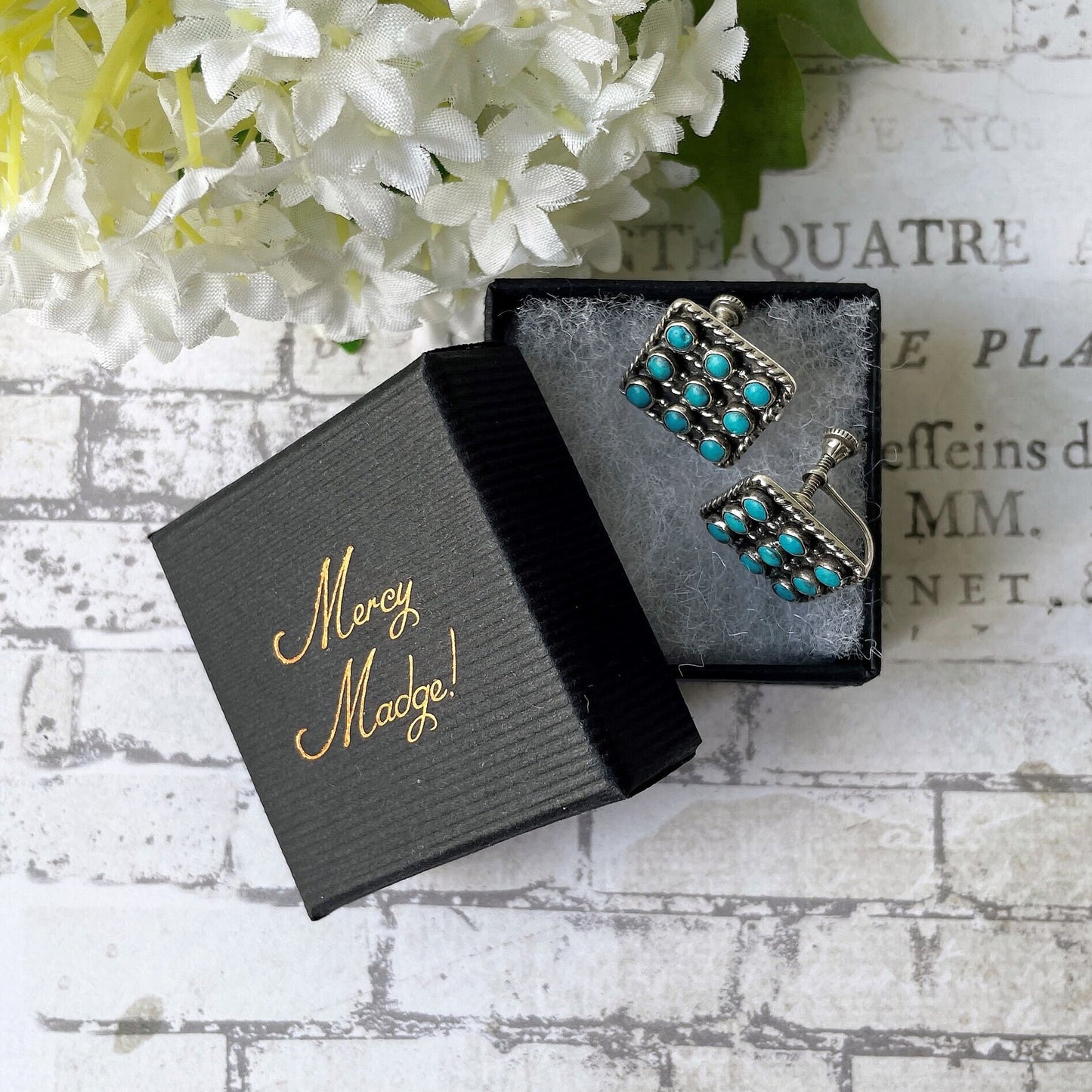 Vintage Zuni Silver Petit Point Turquoise Cluster Earrings