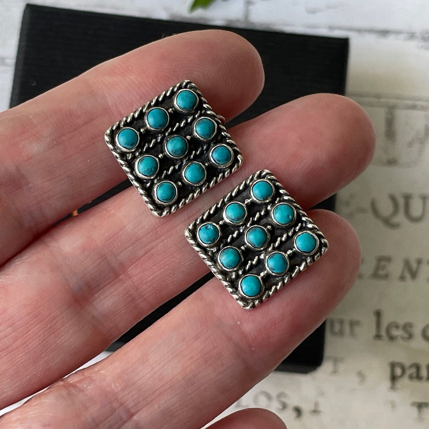 Vintage Zuni Silver Petit Point Turquoise Cluster Earrings