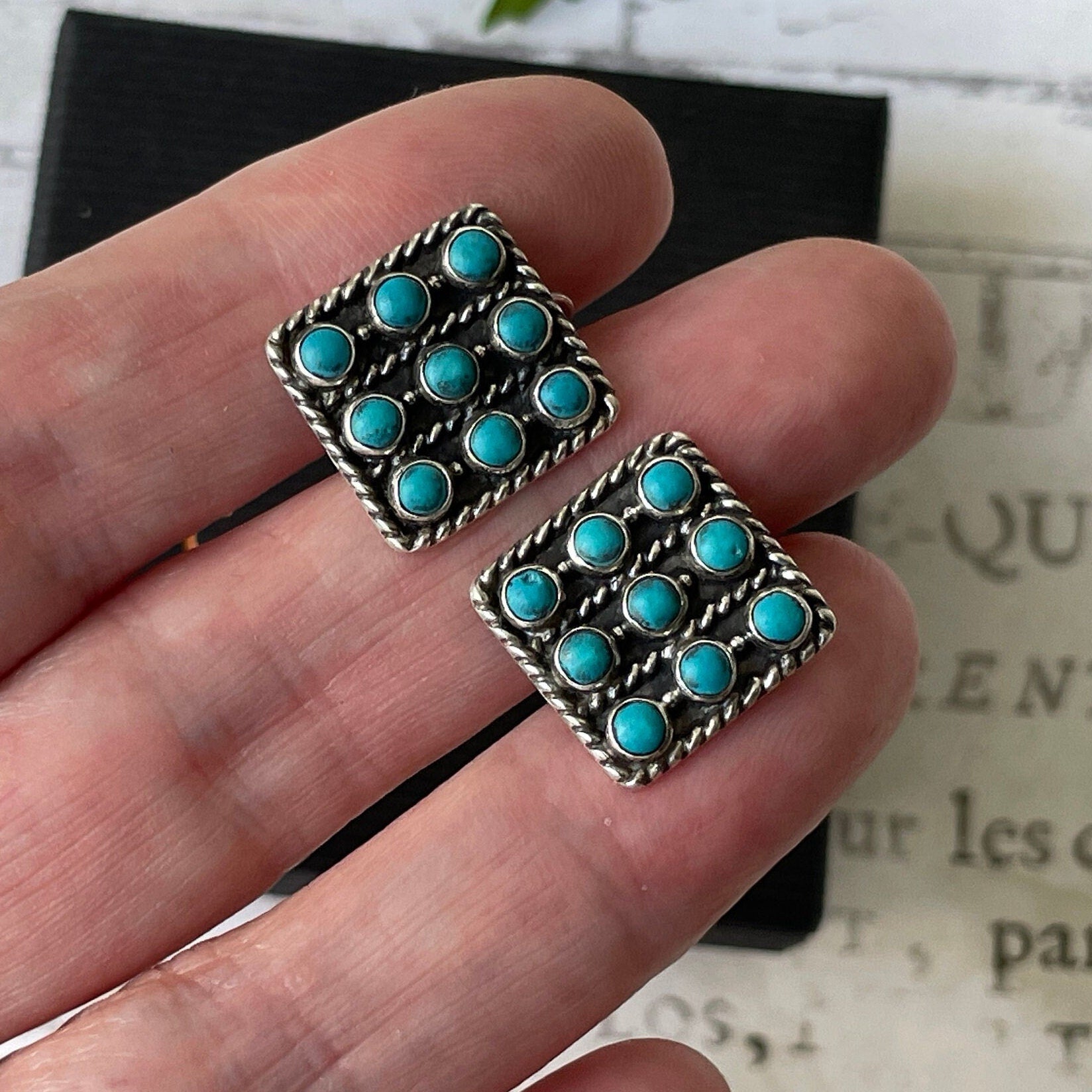 Vintage Zuni Silver Petit Point Turquoise Cluster Earrings