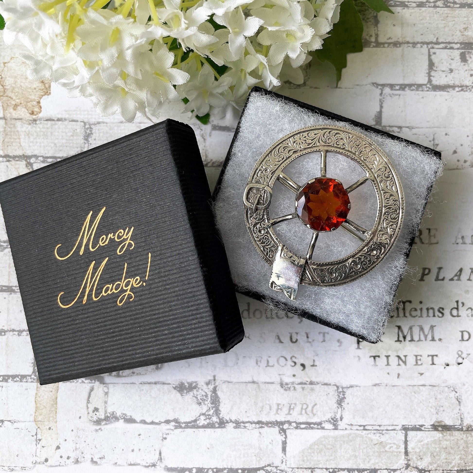 Victorian Scottish Silver Belted Garter Citrine Brooch. Aesthetic Engraved Cartwheel Brooch. Antique Scottish Cairngorm Plaid/Tartan Brooch
