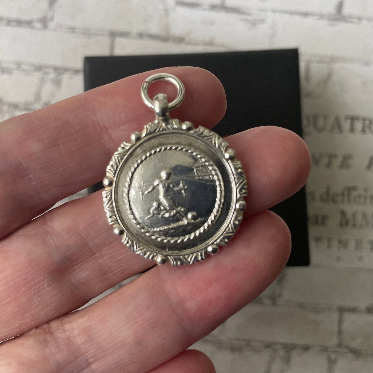 Antique English Sterling Silver Football Pendant Fob by William Hair Haseler, 1920s Art Deco