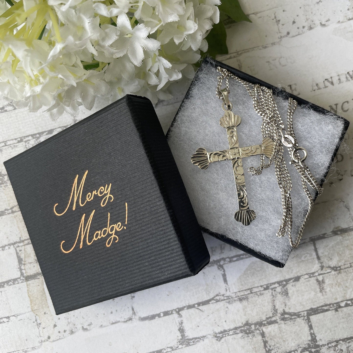 Vintage English Sterling Silver Cross Pendant Necklace