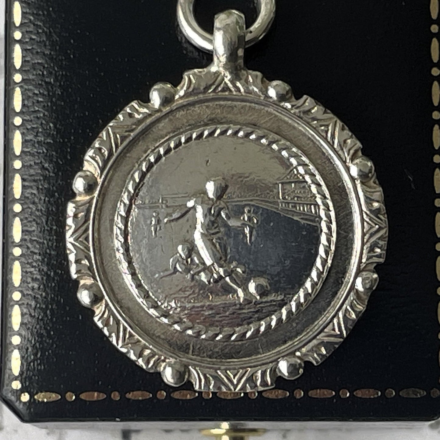 Antique English Sterling Silver Football Pendant Fob by William Hair Haseler, 1920s Art Deco