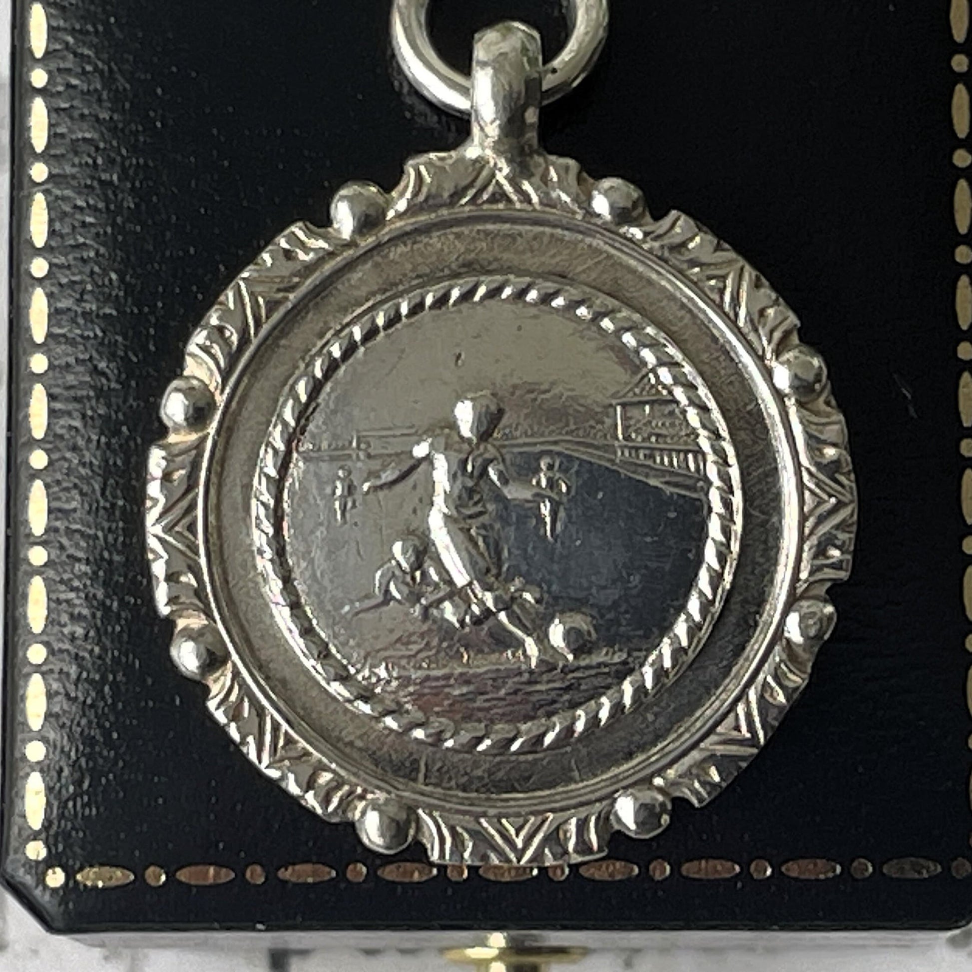 Antique English Sterling Silver Football Pendant Fob by William Hair Haseler, 1920s Art Deco