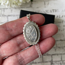 Load image into Gallery viewer, Victorian Silver Aesthetic Engraved Pansy Flower Pendant Necklace. Oval Sterling Silver Antique Pendant &amp; Belcher Chain. Victorian Jewelry
