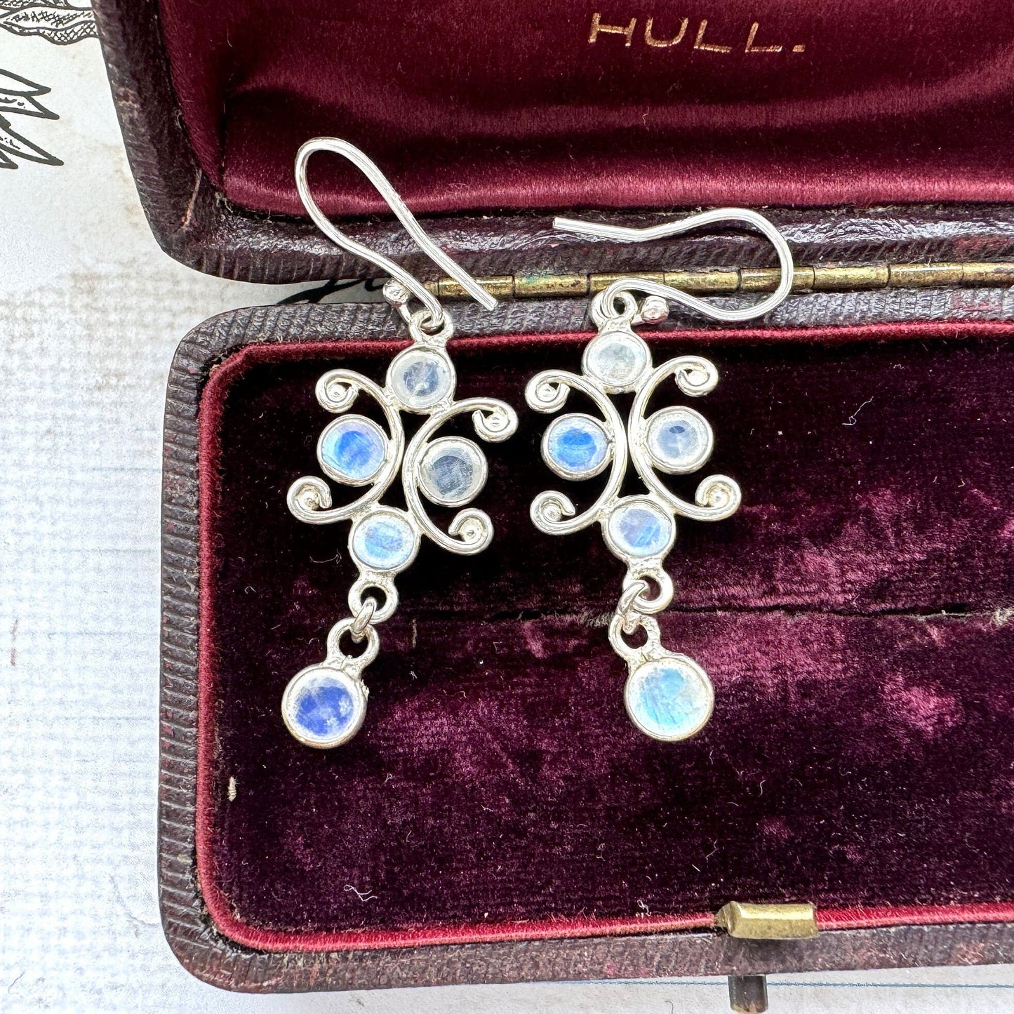 Vintage Sterling Silver Moonstone Drop Hook Earrings