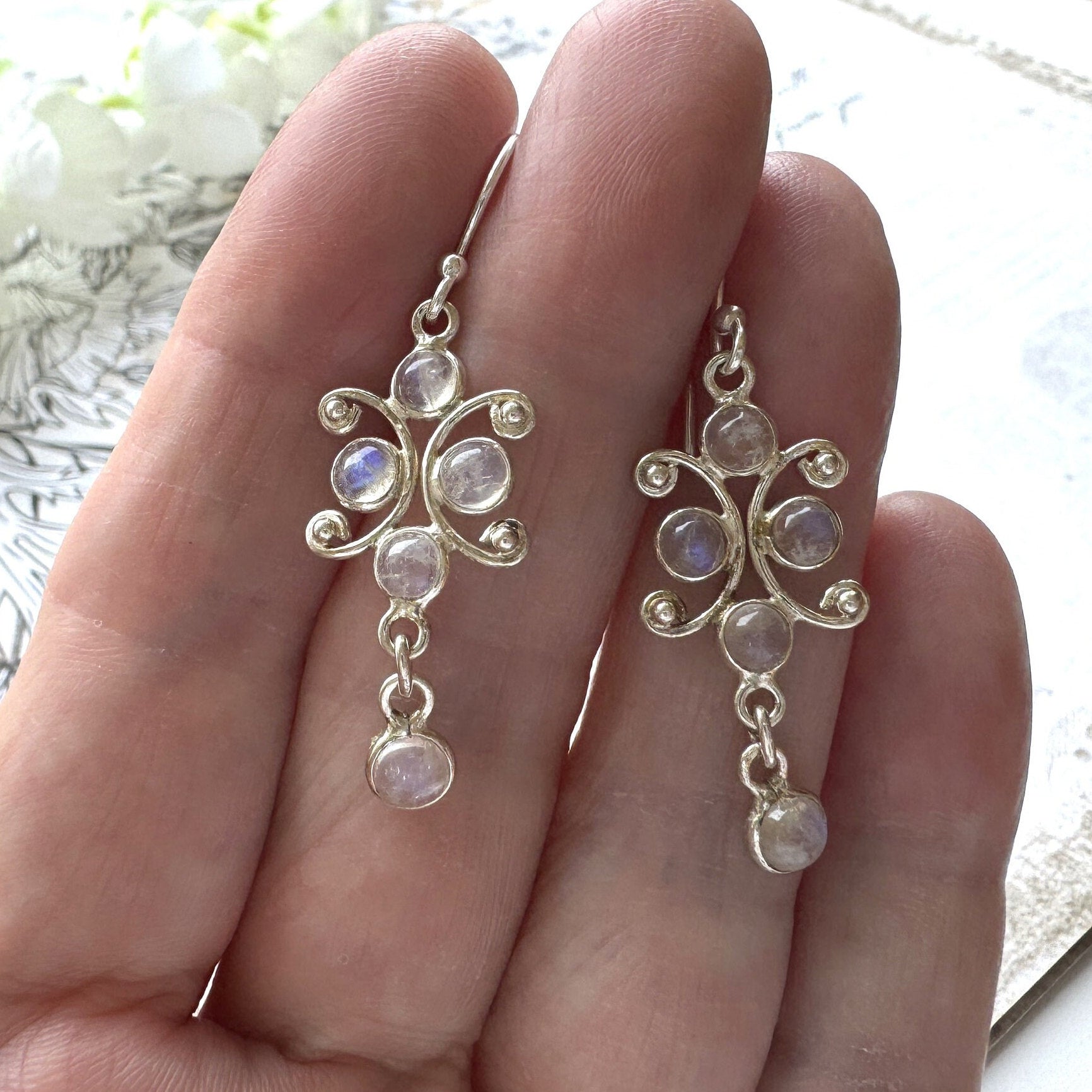 Vintage Sterling Silver Moonstone Drop Hook Earrings