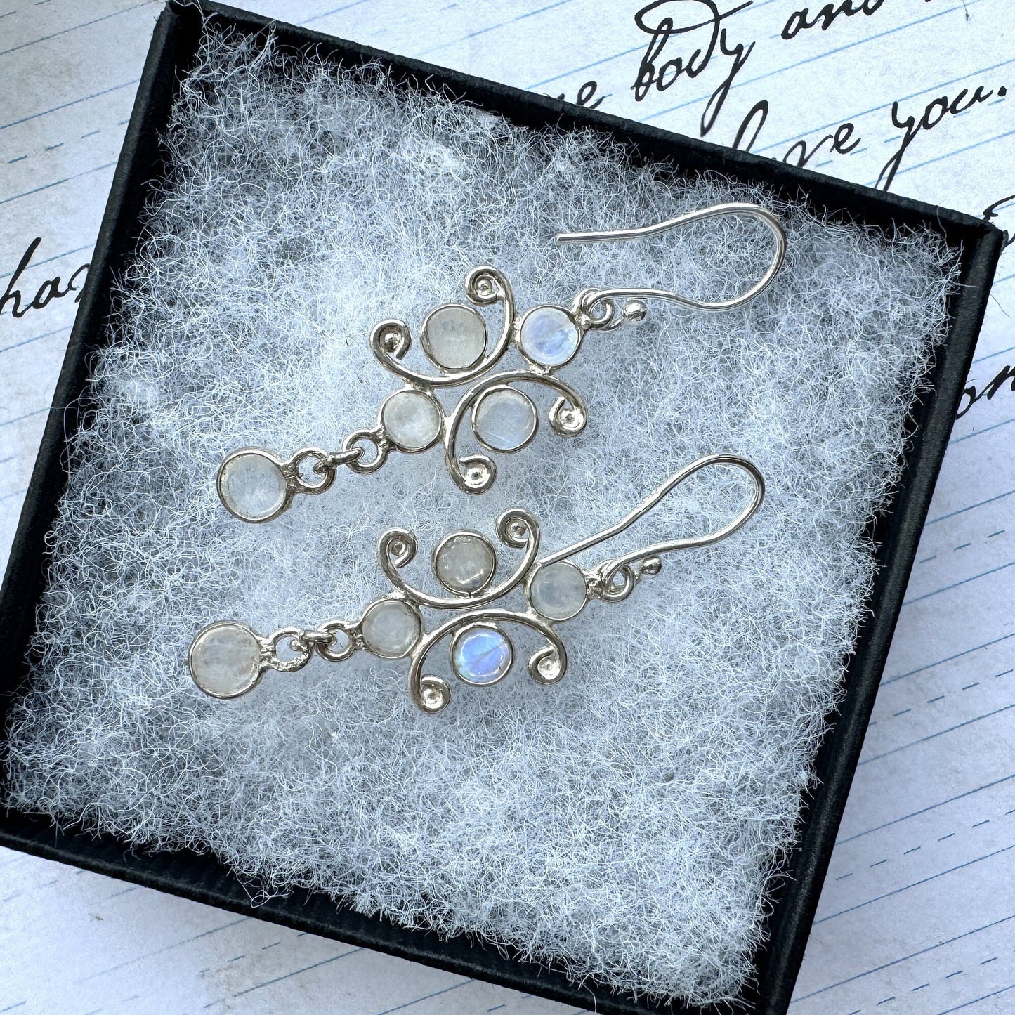 Vintage Sterling Silver Moonstone Drop Hook Earrings