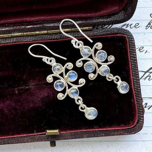 Vintage Sterling Silver Moonstone Drop Hook Earrings