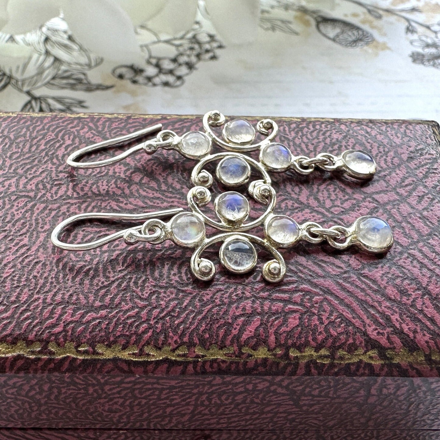 Vintage Sterling Silver Moonstone Drop Hook Earrings