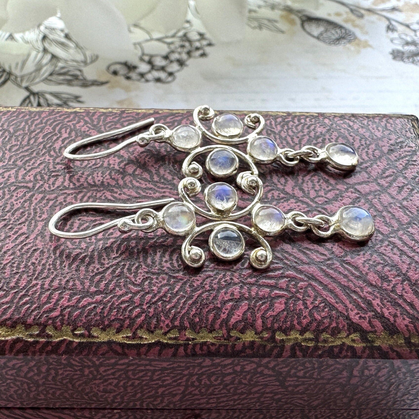 Vintage Sterling Silver Moonstone Drop Hook Earrings