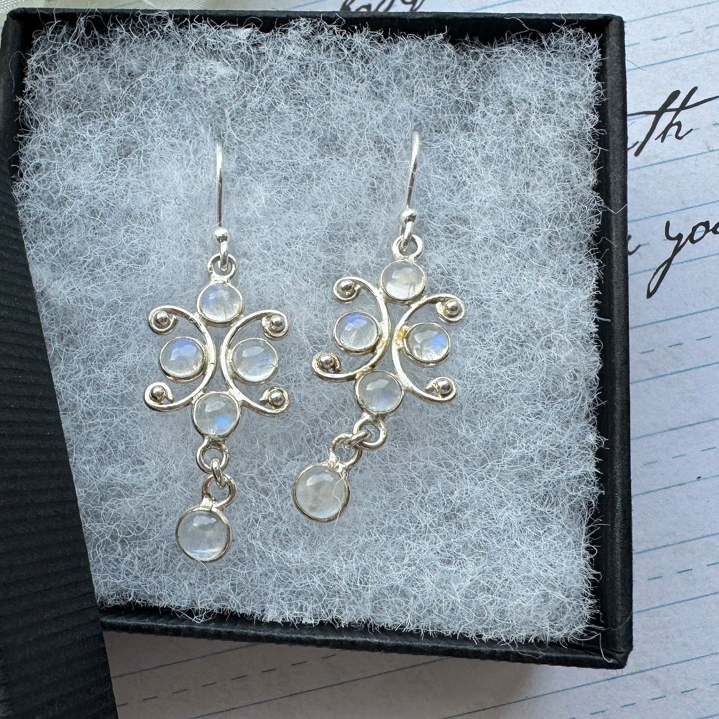 Vintage Sterling Silver Moonstone Drop Hook Earrings