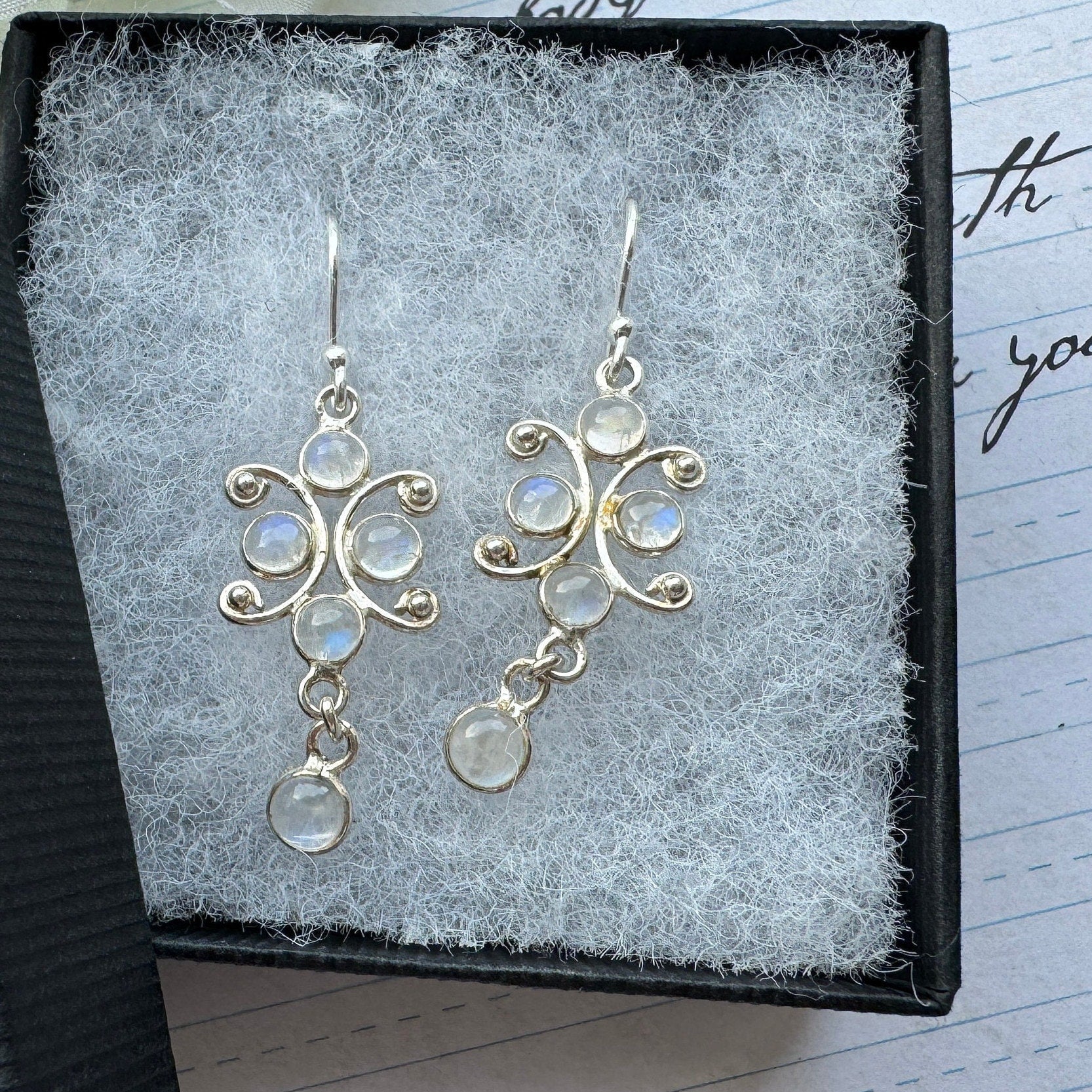 Vintage Sterling Silver Moonstone Drop Hook Earrings