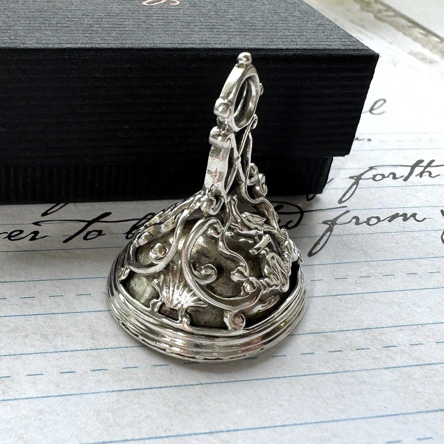 Rare Antique Georgian Large Sterling Silver Slag Glass Seal Fob Pendant.