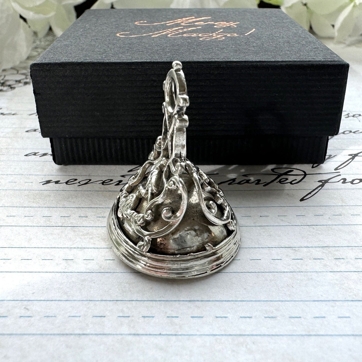 Rare Antique Georgian Large Sterling Silver Slag Glass Seal Fob Pendant.