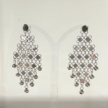 Load image into Gallery viewer, Vintage Silver Cannetille Rosette Chandelier Earrings. Fine Pure Silver Long Drop Marquise Earrings. Floral Chainmaille Earrings
