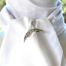 Load image into Gallery viewer, Antique 935 Silver Paste Diamond Crescent Moon Brooch. Victorian Sterling Silver &amp; White Crystal Stock/Tie/Cravat Pin, Honeymoon Lapel Pin.
