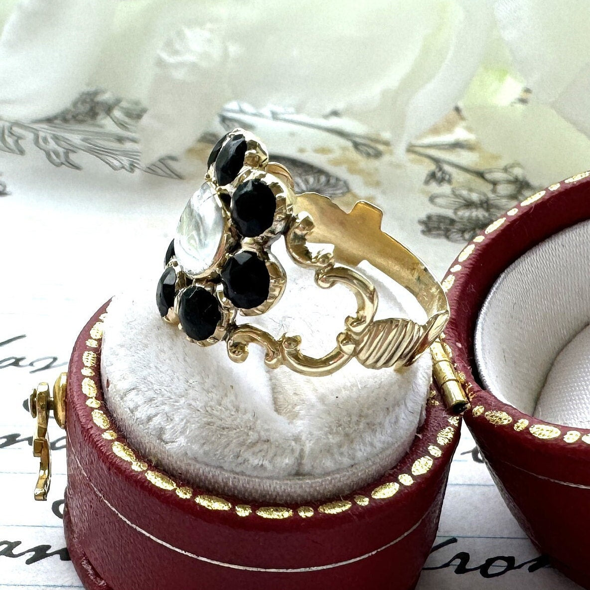Georgian 18ct Gold & Black Paste Mourning Ring With Hair Locket Compartment