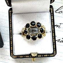 Cargar imagen en el visor de la galería, Antique Georgian 18ct Gold Locket Mourning Ring. Black Paste Gemstone Mourning Ring With Hair Compartment. Early Victorian Mourning Jewelry
