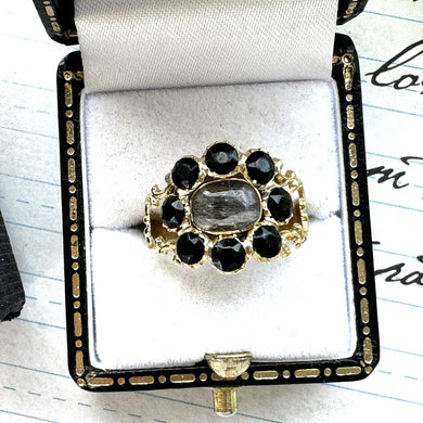 Antique Georgian 18ct Gold Locket Mourning Ring. Black Paste Gemstone Mourning Ring With Hair Compartment. Early Victorian Mourning Jewelry