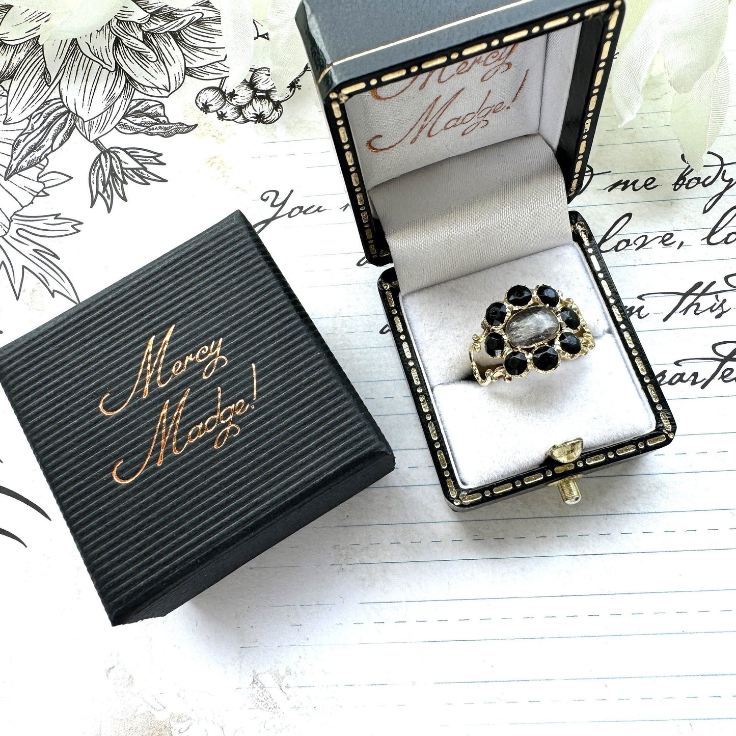 Georgian 18ct Gold & Black Paste Mourning Ring With Hair Locket Compartment