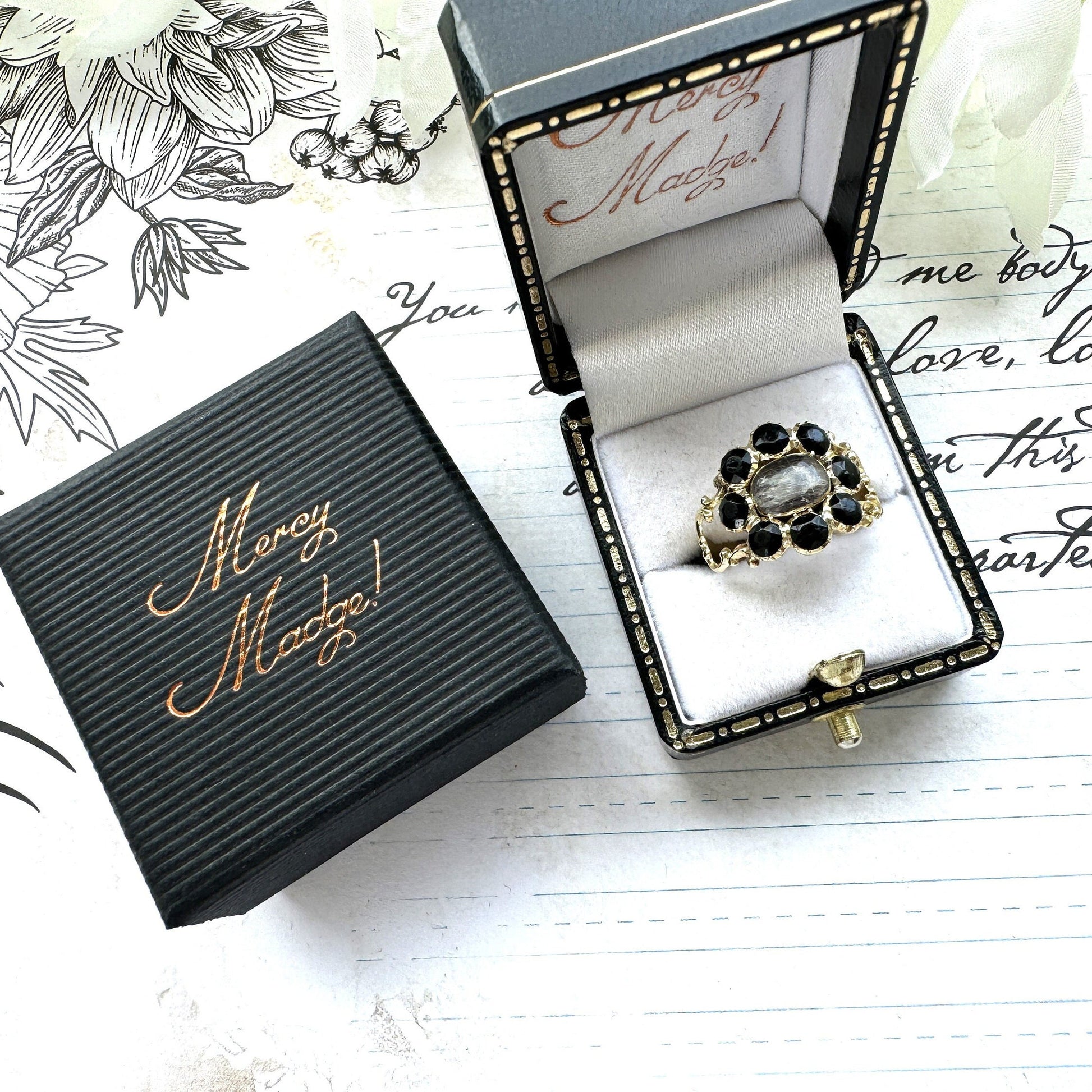 Georgian 18ct Gold & Black Paste Mourning Ring With Hair Locket Compartment