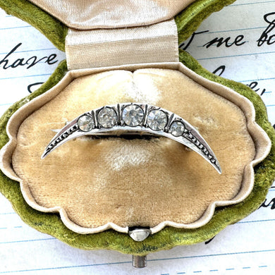 Antique 935 Silver Paste Diamond Crescent Moon Brooch. Victorian Sterling Silver & White Crystal Stock/Tie/Cravat Pin, Honeymoon Lapel Pin.