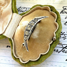 Load image into Gallery viewer, Antique 935 Silver Paste Diamond Crescent Moon Brooch. Victorian Sterling Silver &amp; White Crystal Stock/Tie/Cravat Pin, Honeymoon Lapel Pin.
