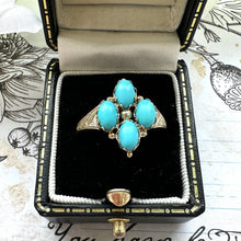 Cargar imagen en el visor de la galería, Vintage 9ct Gold &amp; Turquoise Marquise Ring. Victorian Revival Engraved Gold Turquoise Gemstone Navette Ring. Yellow Gold Etruscan Ring
