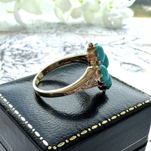 Cargar imagen en el visor de la galería, Vintage 9ct Gold &amp; Turquoise Marquise Ring. Victorian Revival Engraved Gold Turquoise Gemstone Navette Ring. Yellow Gold Etruscan Ring
