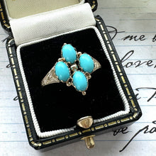 Lade das Bild in den Galerie-Viewer, Vintage 9ct Gold &amp; Turquoise Marquise Ring. Victorian Revival Engraved Gold Turquoise Gemstone Navette Ring. Yellow Gold Etruscan Ring
