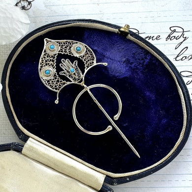 Antique French Silver, Gold & Turquoise Fibula Pin. Victorian/Edwardian Fine Cannetille Filigree Hamsa Brooch. Hand Of Fatima Amulet Fibula