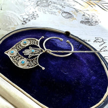 Cargar imagen en el visor de la galería, Antique French Silver, Gold &amp; Turquoise Fibula Pin. Victorian/Edwardian Fine Cannetille Filigree Hamsa Brooch. Hand Of Fatima Amulet Fibula
