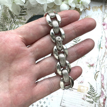 Load image into Gallery viewer, Vintage Art Deco Sterling Silver Tank Bracelet. Articulated Panel Silver Bracelet. Panther Link Chain Bracelet. Silver Bookchain Bracelet

