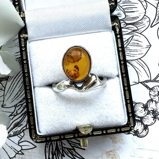 Vintage Baltic Amber Sterling Silver Modernist Statement Ring. Cognac Amber Abstract Silver Ring. Polish Amber Ring, Size UK L/US 5-3/4