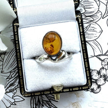 Load image into Gallery viewer, Vintage Baltic Amber Sterling Silver Modernist Statement Ring. Cognac Amber Abstract Silver Ring. Polish Amber Ring, Size UK L/US 5-3/4
