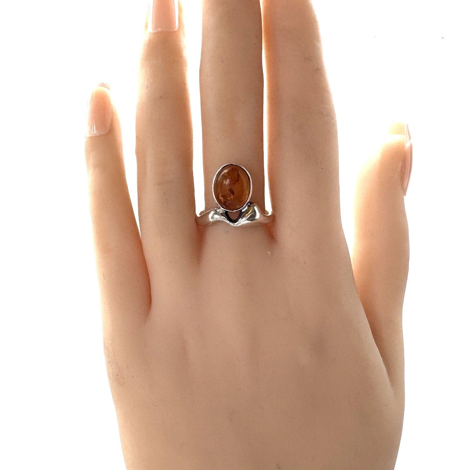 Vintage Baltic Amber Sterling Silver Modernist Statement Ring. Cognac Amber Abstract Silver Ring. Polish Amber Ring, Size UK L/US 5-3/4