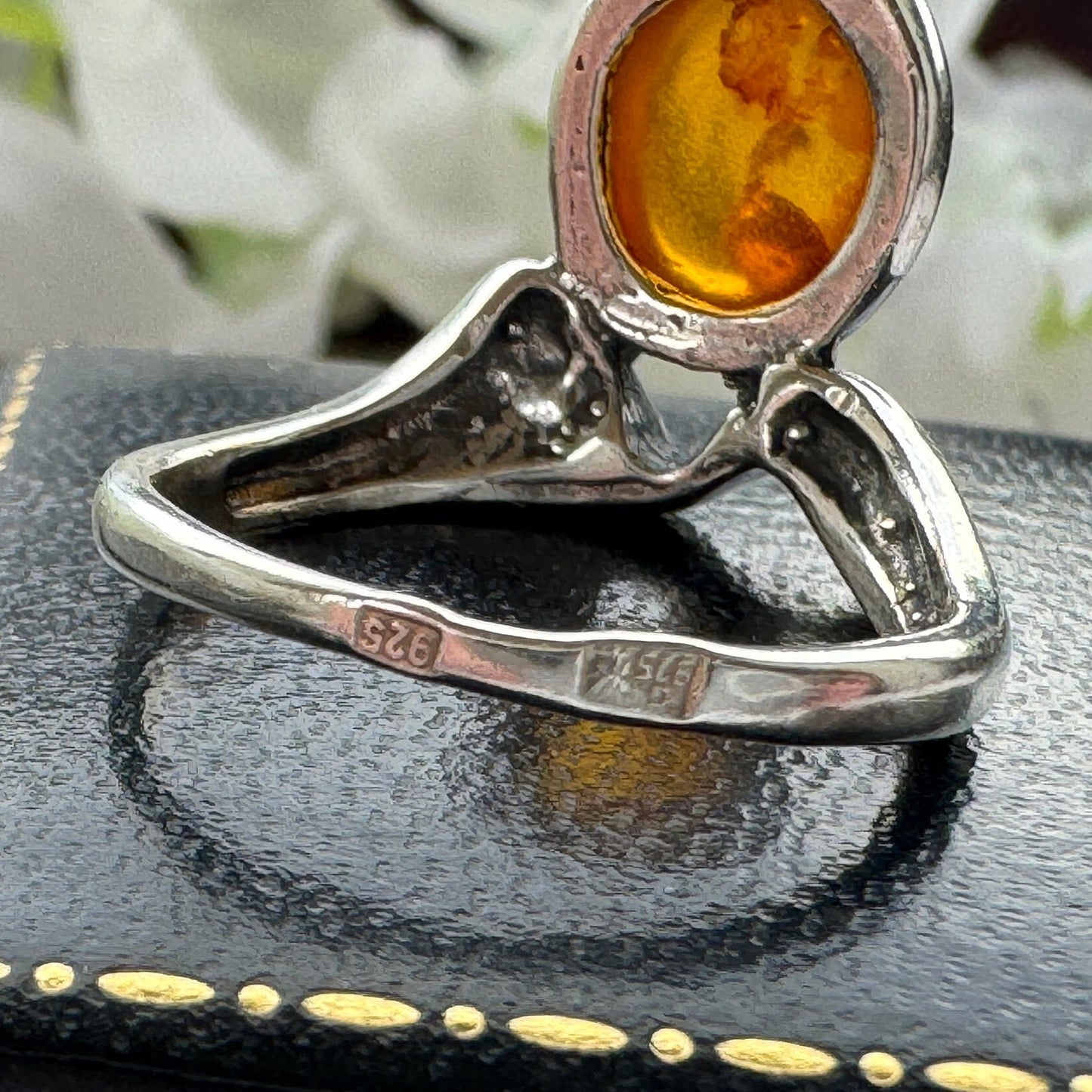 Vintage Baltic Amber Sterling Silver Modernist Statement Ring. Cognac Amber Abstract Silver Ring. Polish Amber Ring, Size UK L/US 5-3/4
