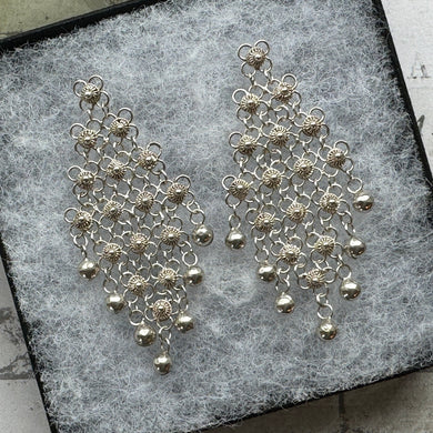 Vintage Silver Cannetille Rosette Chandelier Earrings. Fine Pure Silver Long Drop Marquise Earrings. Floral Chainmaille Earrings