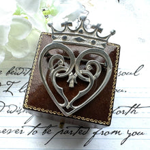 Load image into Gallery viewer, Vintage Scottish Sterling Silver Luckenbooth Crowned Heart Brooch. Edinburgh Silver Intertwined Heart Brooch. Romantic Love Token Jewellery
