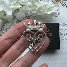 Load image into Gallery viewer, Vintage Scottish Sterling Silver Luckenbooth Crowned Heart Brooch. Edinburgh Silver Intertwined Heart Brooch. Romantic Love Token Jewellery

